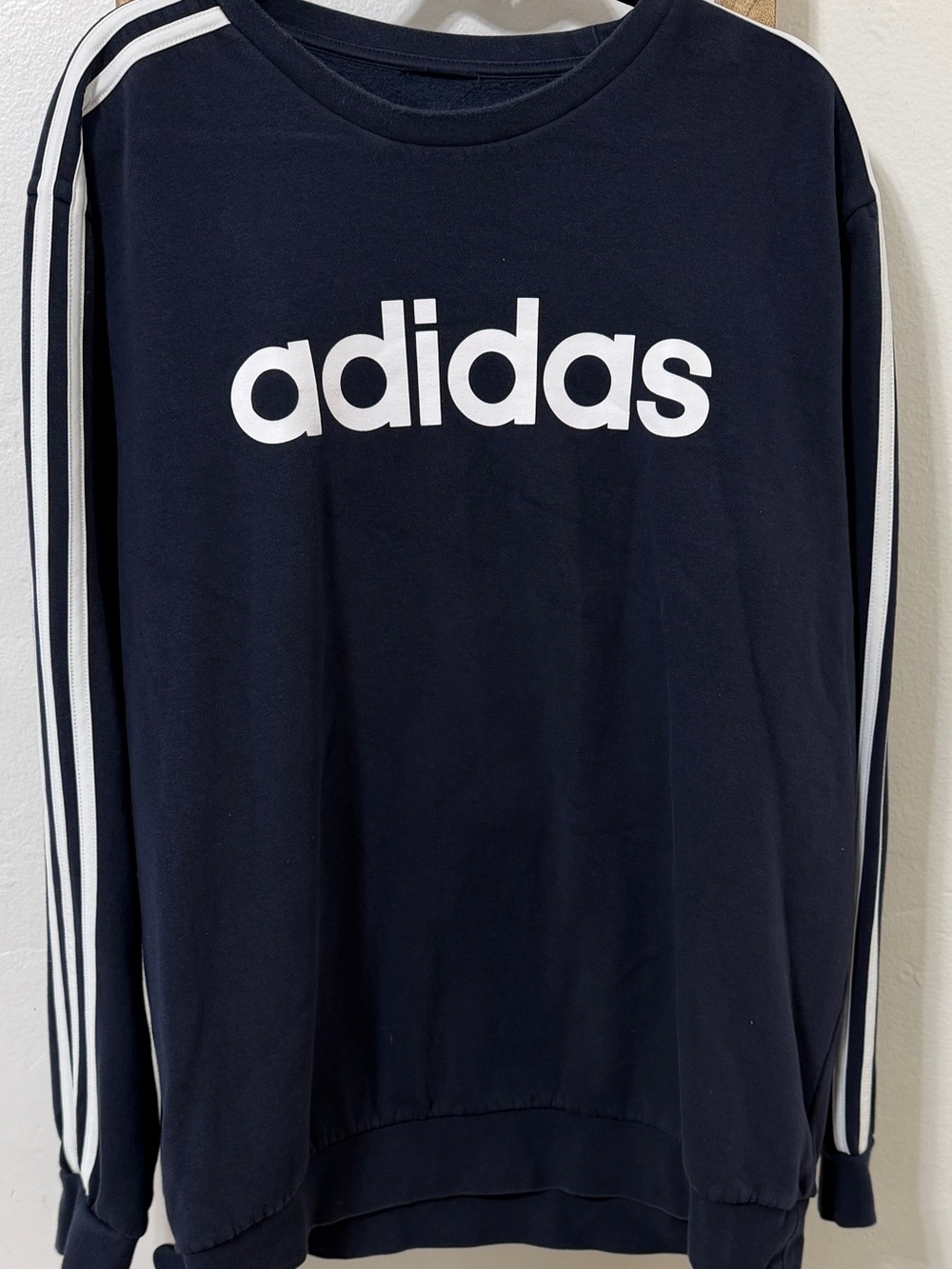 adidas Navy Crewneck Sweatshirt with White Logo & Sleeve Stripes